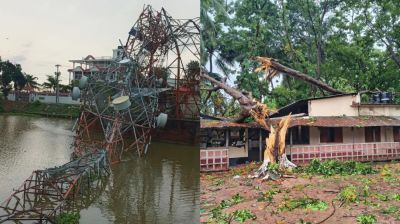 কালবৈশাখীর তাণ্ডবে লন্ডভন্ড ঘরবাড়ি, ভেঙে পুকুরে পড়ল মোবাইল টাওয়ার