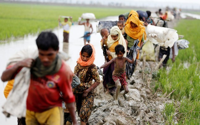 Rohingya walk through rain, muddy rice fields to reach Bangladesh (Video)