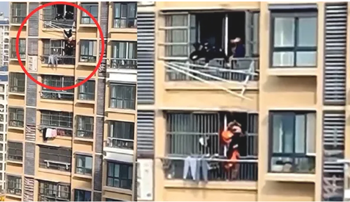 Elderly woman dangles upside down on a clothes hanger after falling off a 19th floor balcony in China