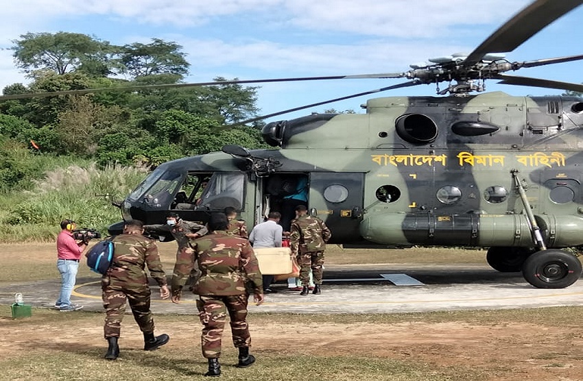 Military chopper delivers 2nd dose Covid jabs to remote Rangamati hills