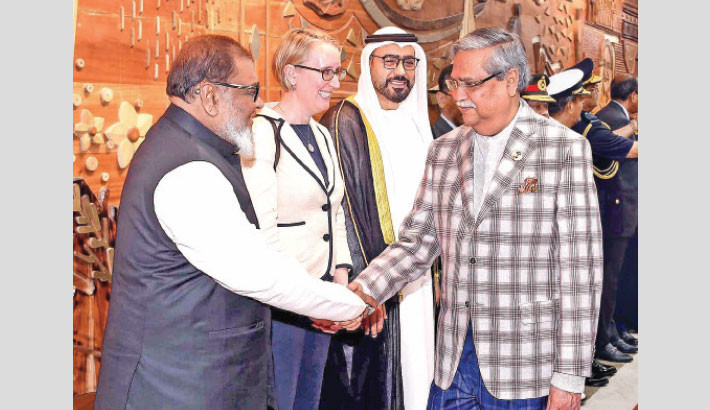 Liberation War Affairs Minister AKM Mozammel Haque, dean of the diplomatic corps, cabinet secretary and senior civil and military officials see President Mohammed Shahabuddin off at Hazrat Shahjalal International Airport in the capital on Sunday prior to his departure for the UAE and the UK for medical checkup. -PID PHOTO