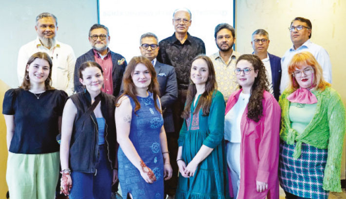 The closing ceremony for the internship programme involving students from Niederrhein University of Applied Sciences (HSNR), Germany, takes place at BGMEA University of Fashion and Technology (BUFT) in the capital on Thursday.  Abdullah Hil Rakib, member of BoT, BUFT and managing director of Team Group, and Prof Dr SM Mahfuzur Rahman, vice chancellor of BUFT, attend the event. Photo: Courtesy