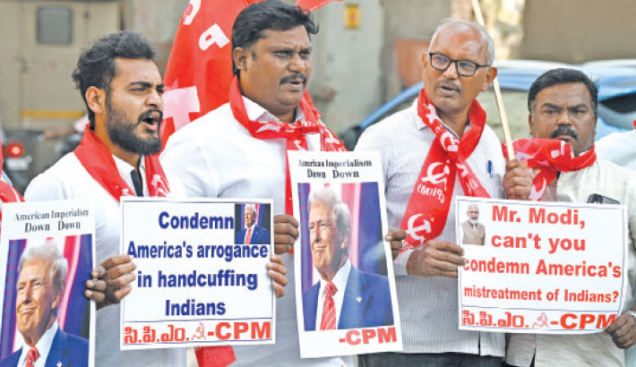 Activists of India’s Communist Party of India (Marxist) take part in a protest against the US government and President Donald Trump, in Hyderabad, Telangana, India on Sunday. Inset, police detain an activist from India's Congress party as they take part in a protest against the same issue, in Chandigarh on the same day. India's foreign minister threatened a 