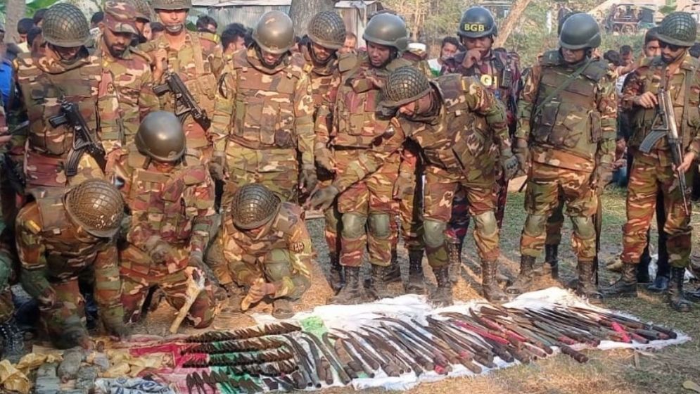 Firearms, sharp weapons found under pond in Faridpur
