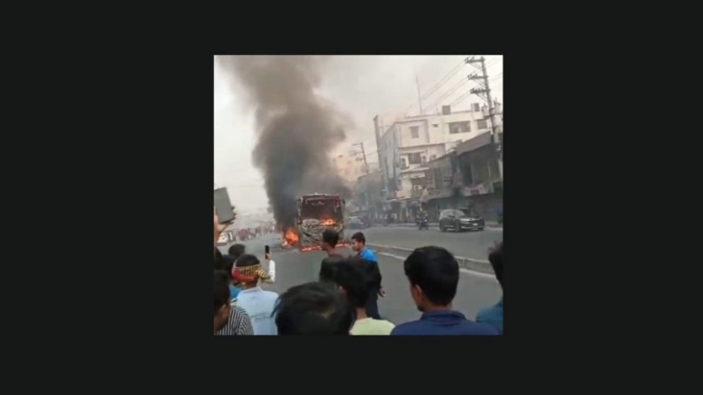 Bus catches fire after collision with motorcycle in Gazipur