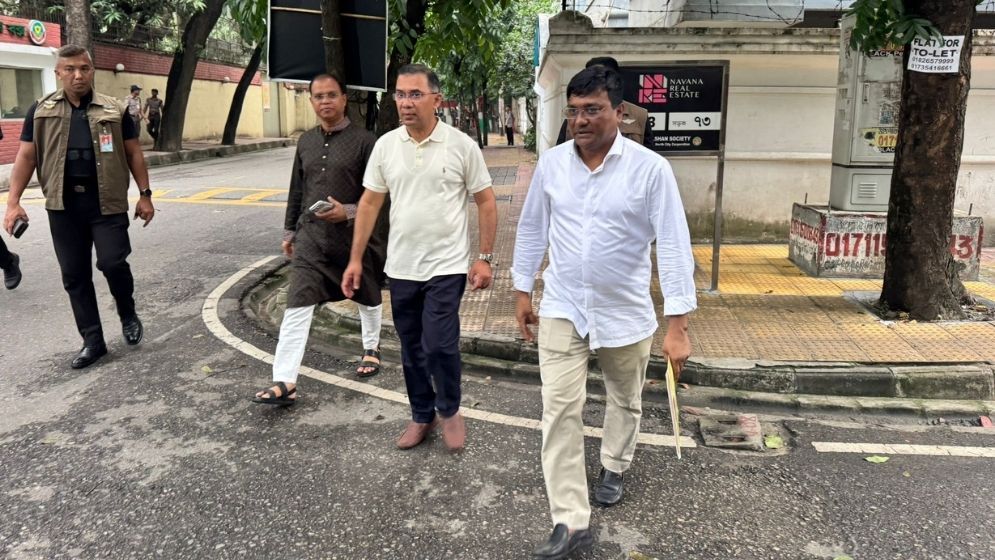 Tarique Rahman walks to BNP office in Gulshan after prayers