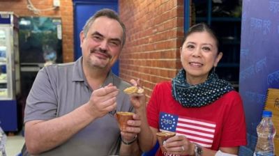 US Ambassador Brent Christensen enjoys rabri and malai at Dudhwala in Dhaka